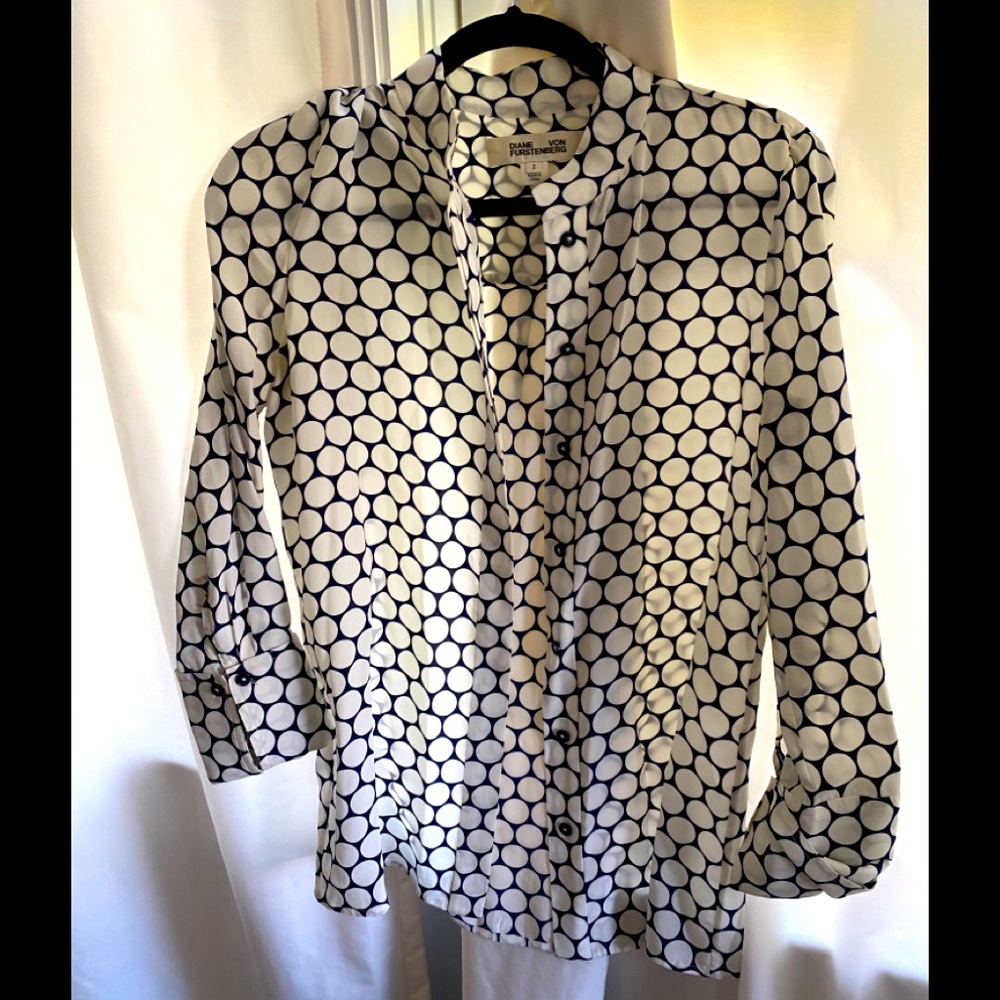 DVF Printed White and Navy Blouse
